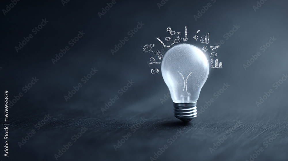 Poster illuminating idea. lightbulb with sketched doodles representing brainstorm, finance, creativity. gre