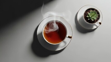 Overhead shot steaming cup of tea, a succulent in a teacup on a gray surface - Powered by Adobe