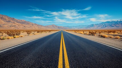 Naklejka premium Endless desert road leading to distant horizon with blank sky above, vast open sand landscape, barren wilderness, natural outdoor scenery, sunlight illuminating empty path, travel adventure concept.