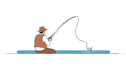 Animated fishing adventure of a man in hat catching a fish out of a simplified blue pond