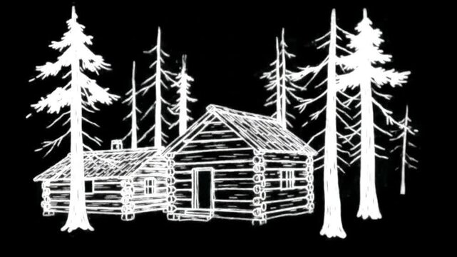 Outlined log cabins forest illustration