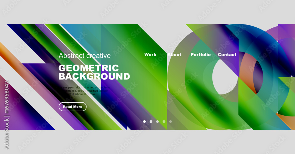 Poster vibrant geometric design. colorful shapes overlap, creating dynamic website header. text elements pr