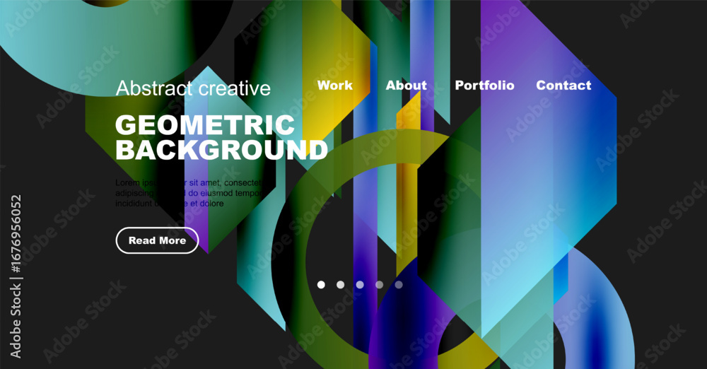 Poster website mockup displays abstract geometric design. navigation includes work, about, portfolio, conta