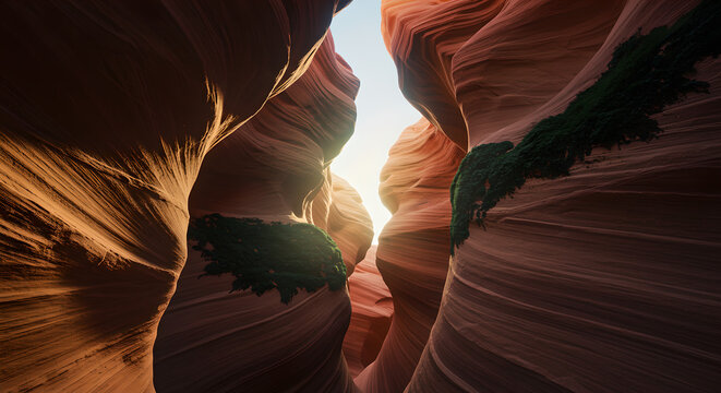 Dramatic light and textures in a desert slot canyon with green foliage