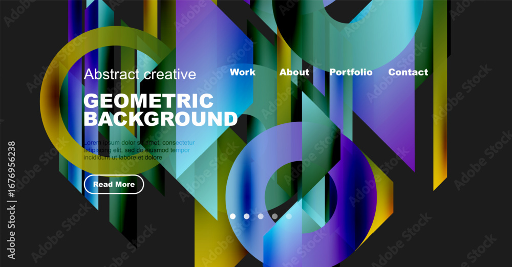 Poster modern website mockup features vibrant geometric shapes, text overlays, navigation menu. dark backgr