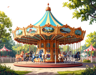  Vintage carousel rides at amusement park with colorful designs, PNG bundle collection