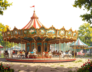Vintage carousel rides at amusement park with colorful designs, PNG bundle collection (4)