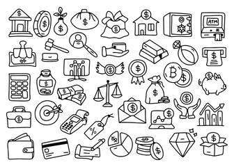 Hand drawn finance and banking icon set collection. Money, investment, business, cryptocurrency, saving, payment, piggy bank, wallet, credit card, budget, tax, stock market doodle illustration.