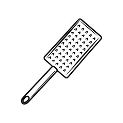 Grater's Geometric Precision: A meticulously crafted line drawing showcases a grater, its handle extended, ready for culinary precision. Every detail is defined, showcasing its sharp edges.