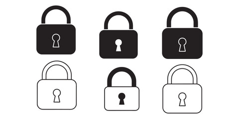 Six padlock icons in black and white on transparent background security safety