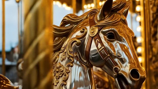 Gilded carousel horse with floral and scroll details, golden mane, silver body