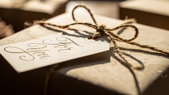 Gift wrapped in brown paper, tied with string and "For You" tag, closeup