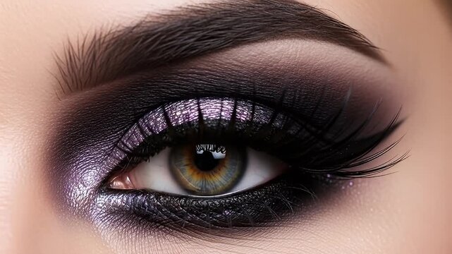 Extreme close-up of a hazel eye with dark, dramatic, purple eye makeup and long lashes