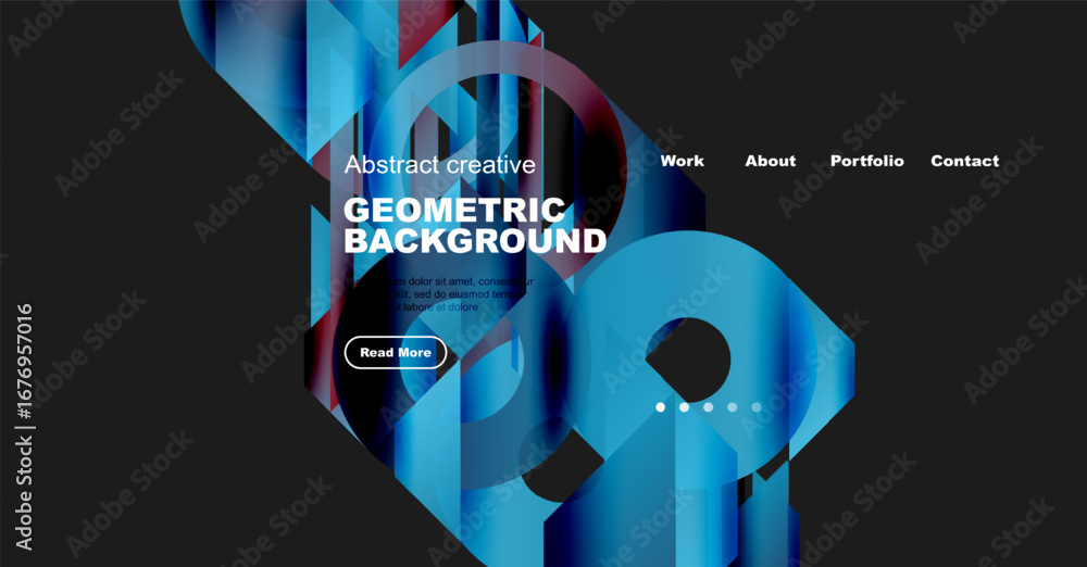Poster abstract geometric background design. blue, red hues dominate. website header includes navigation op
