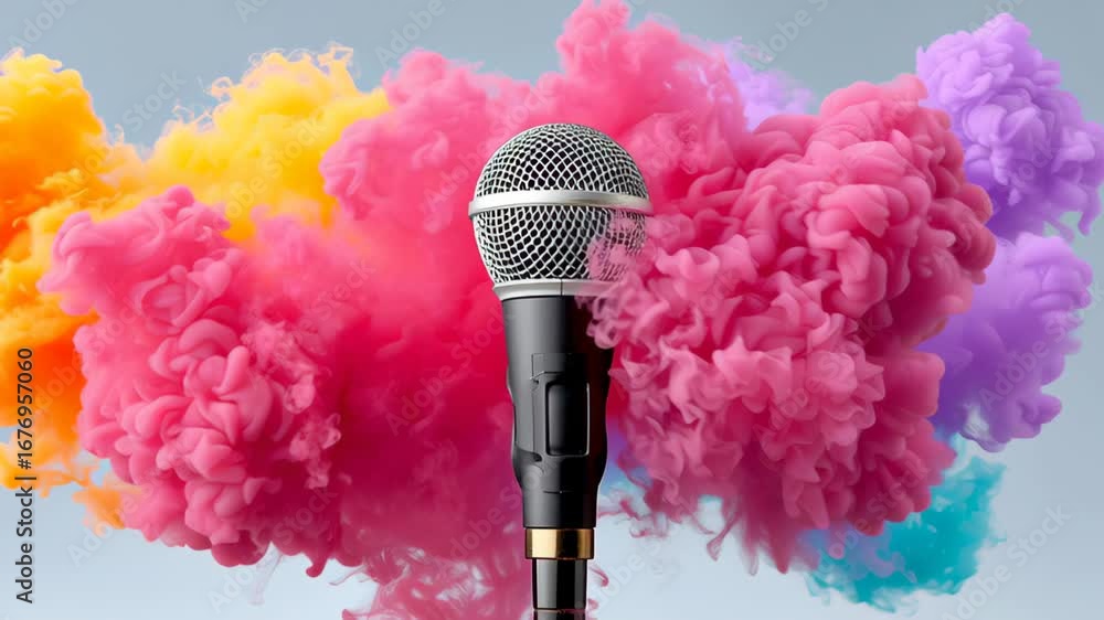 Poster Microphone surrounded by vibrant colored smoke clouds in a dynamic visual display, showcasing the energetic atmosphere of sound and creativity, emphasizing the connection between music and expression