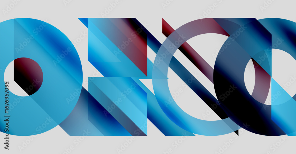 Poster abstract composition. overlapping shapes create dynamic visual effect. blues, reds, grays dominate d