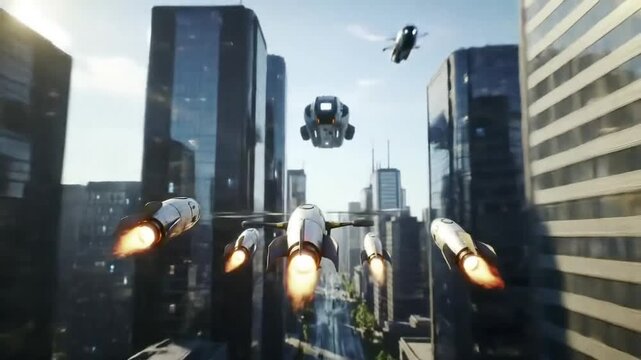 A drone robot flies with miniature rockets over a futuristic metropolis