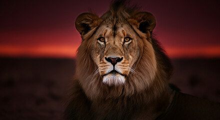 Fototapeta premium A lion gazes directly at the camera against a vibrant sunset backdrop.