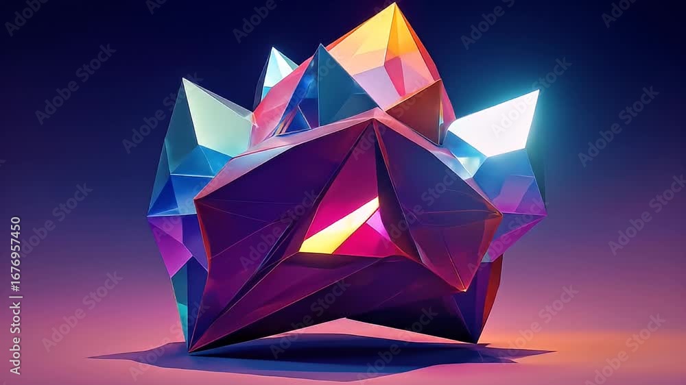 Poster abstract crystal formation with sharp facets, illuminated in a gradient of blues and pinks