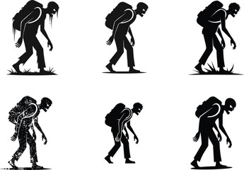 Zombie walking with backpack illustration, undead creature, scary monster character, horror silhouette, creepy zombie art, dark forest, spooky undead