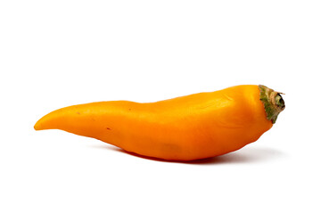 Photo of Aji Amarillo pepper taken with a high-resolution camera using the focus-stacking technique on a white background.
