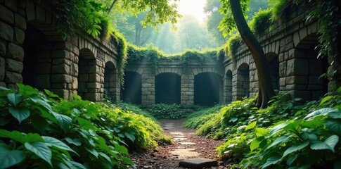 Ancient stone ruins overgrown with lush rainforest vegetation, sunlight filtering through the canopy Nature reclaiming civilization, a scene of mystery and decay , insects, ancient, wilderness