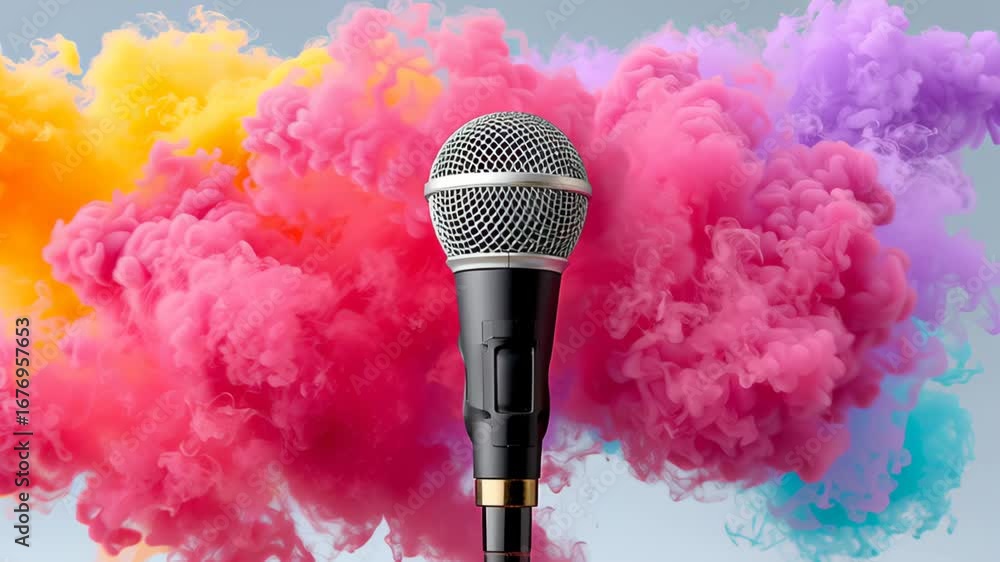 Aufkleber microphone surrounded by vibrant colorful smoke in a dynamic sequence, showcasing the gradual emerge