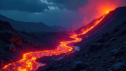 A river of incandescent lava flows down a volcanic slope, glowing intensely against the dark night sky The molten rock creates a dramatic and dangerous scene of natural power , disaster, stream, risk