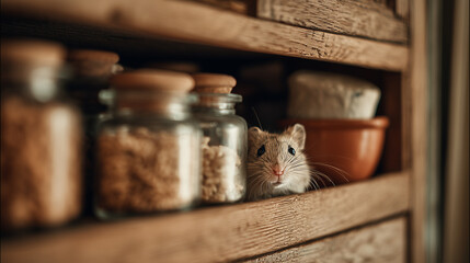 Small mouse peeks out from wooden kitchen shelf surrounded by glass jars and clay pot, creating cozy and curious atmosphere in rustic setting
