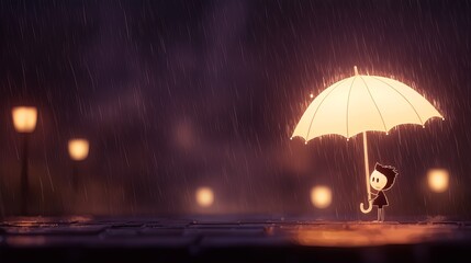 Child holding a large umbrella in the rain during nighttime street scene