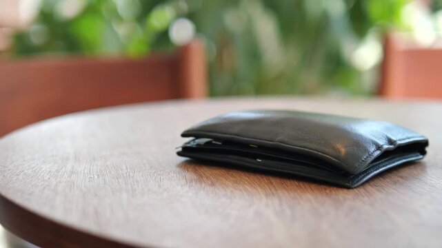 Wallet resting on wooden table, lost wallet concept 