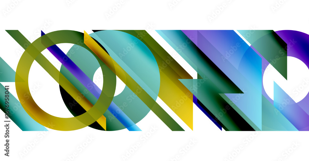 Poster abstract geometric shapes overlap, creating vibrant color gradients. lines intersect, forming dynami