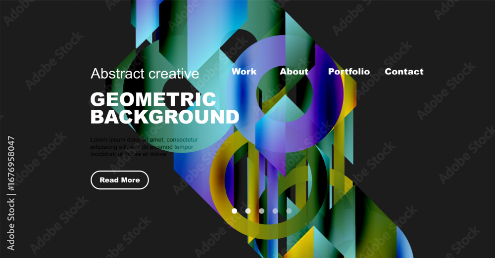 Aufkleber abstract website mockup features vibrant geometric shapes, text, navigation menu. dark background en