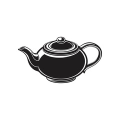 Elegant Teapot: A monochrome illustration of a classic, elegant teapot, with a sleek silhouette, a gracefully curved spout, and a perfectly round body, embodying simplicity and timeless design.
