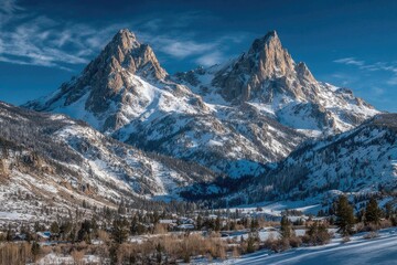 Snowy mountain peaks, winter landscape, valley vista, sunny day