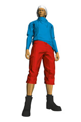 A hipster man in a blue shirt and red shorts holds a bundle against a white background, rendered in a polygonal art style.