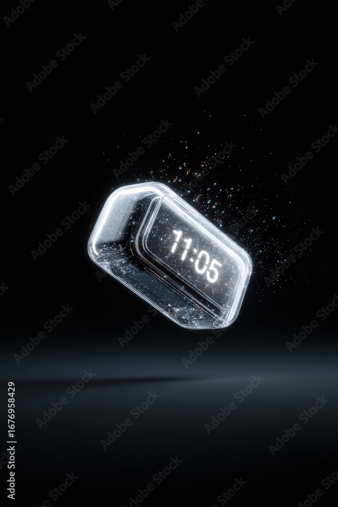 Poster crystal digital clock displaying 1105 floats against a dark backdrop, surrounded by sparkling dust. 