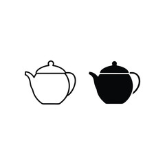 Teapot Icons: Two elegantly simple teapot icons, one outlined and one filled, presented in stark black and white, perfect for adding a touch of design or symbol. 