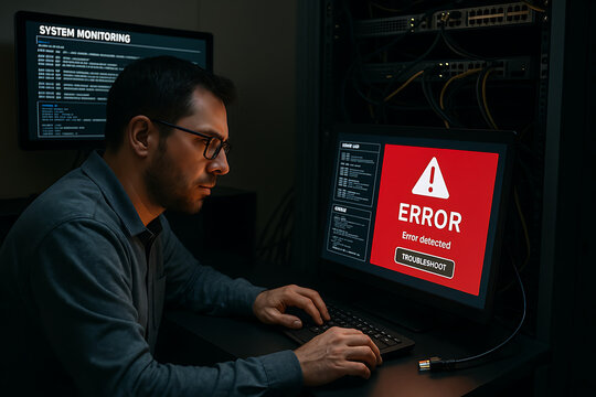 System engineer troubleshooting a computer network with an event log on one screen and a major error on another