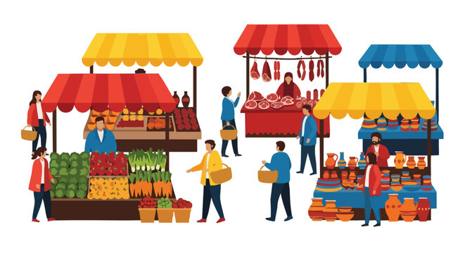 Vibrant Marketplace Illustration Showcasing Diverse Vendors and Shoppers Navigating Stalls Filled with Fresh Produce, Meats, and Handicrafts