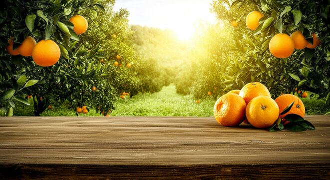 Fresh oranges scattered on a wooden table in a sunlit orchard surrounded by green trees.
