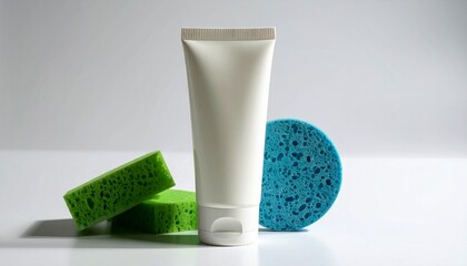White cosmetic squeeze tube surrounded by green rectangular sponges and a round blue porous sponge