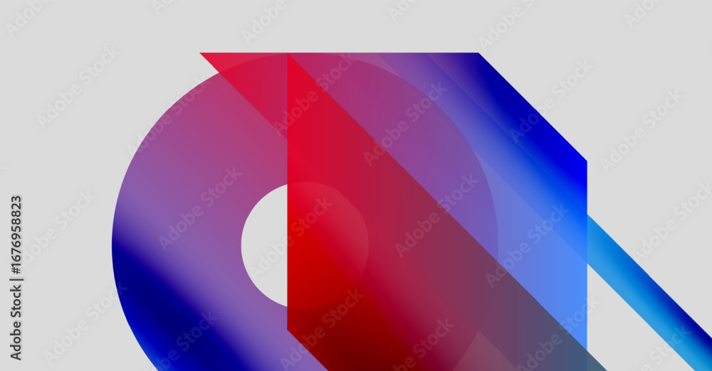 Poster abstract design features overlapping colorful shapes. red, blue, purple gradients create dynamic vis