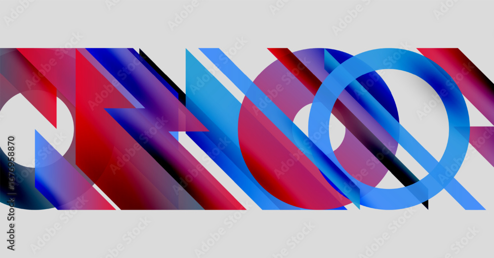 Poster abstract composition featuring overlapping shapes, vibrant reds, blues, purples. modern design with 