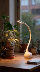 A modern desk lamp illuminates a home office
