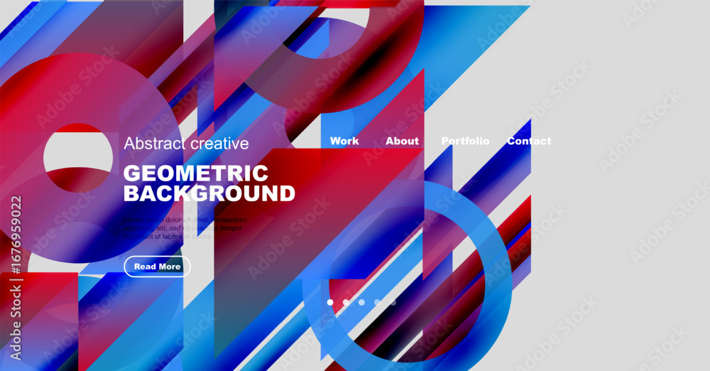Aufkleber vibrant geometric shapes create dynamic website header. text overlays offer navigation options, mode