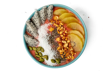 The Photo of smoothie bowl taken with a high-resolution camera using the focus-stacking technique on a white background.