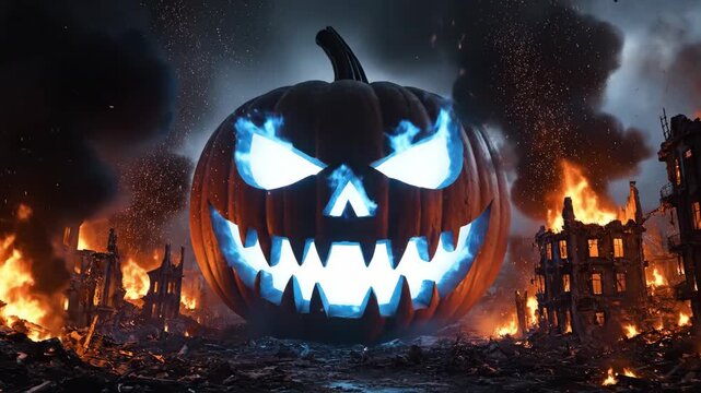 Giant glowing blue jackolantern amid burning buildings rubblestrewn ground