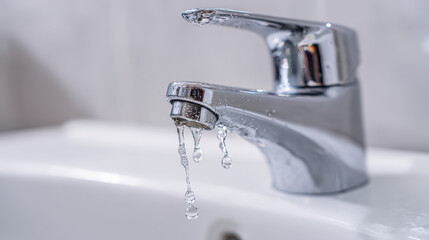 Close-up chrome faucet dripping water onto white porcelain sink illustrating urgent leak repair and plumbing issue