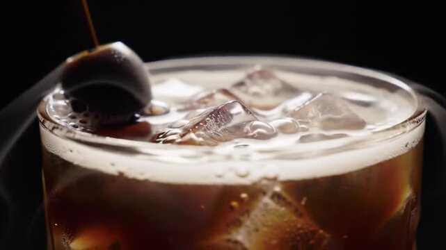 Close-up of a Maraschino Cherry Being Added to a Refreshing Glass of Iced Cola with Foam and Bubbles